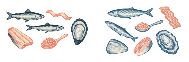 Delicious fresh seafood collection featuring whole fish, salmon fillets, oysters, and red caviar