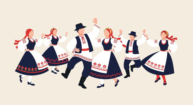 Joyful men and women performing a traditional European folk dance.