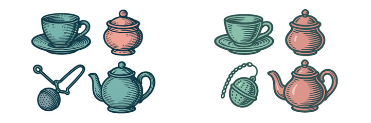Collection of vintage tea ceremony items including teacups, saucers, teapots, sugar bowls, and tea infusers