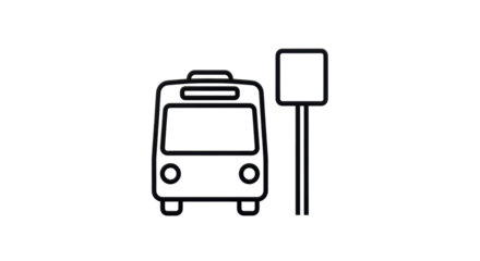 Isolated depiction of a city bus and bus stop, simple black and white line art drawing