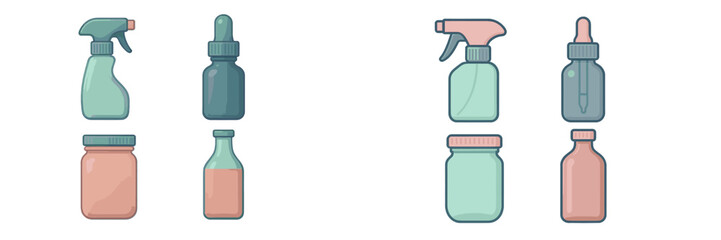 Collection of various household and cosmetic liquid containers including spray bottles, dropper bottles, and jars