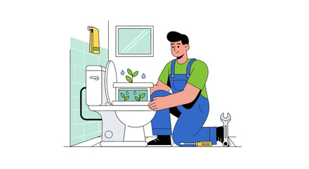 Plumber inspecting a toilet with a small aquarium - Professional plumbing repairs in progress