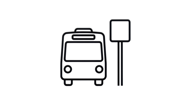 Isolated depiction of a city bus and bus stop, simple black and white line art drawing