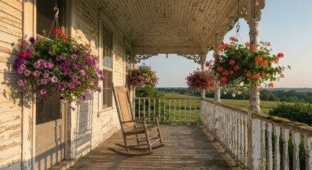 Naklejka premium Rustic Aesthetic Veranda with Blooming Flowers and Rocking Chairs