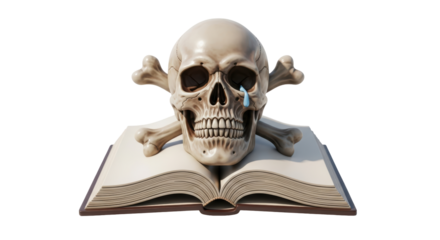 Isolated skull with crossbones on open book depicts the end of knowledge or life span