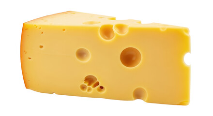 Isolated block of Swiss cheese with large holes, a dairy product for sandwiches or burgers