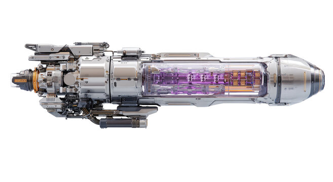 Futuristic, metallic, rocket-like craft with internal components visible