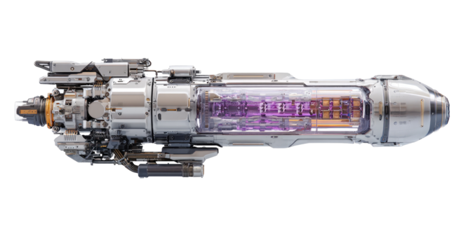 Futuristic, metallic, rocket-like craft with internal components visible