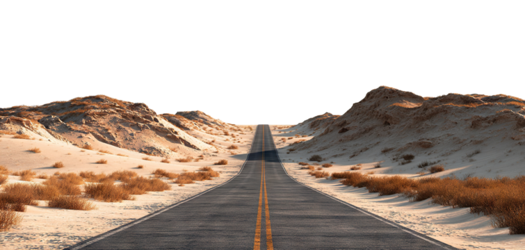 Straight desert road cutting through sand hills, isolated on transparent background
