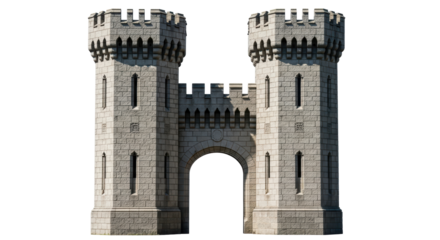 Isolated medieval gatehouse featuring two towers and an archway entrance in stone finish