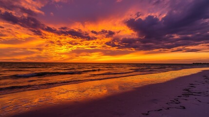 sand. A breathtaking tropical beach sunset with vibrant clouds and golden reflections on the wet sand. inspiring travel planning, travel magazines, designed for outdoor magazines and nature guides.