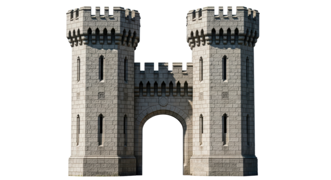 Isolated medieval gatehouse featuring two towers and an archway entrance in stone finish