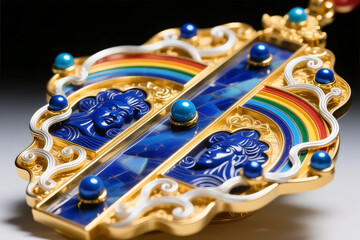 Fototapeta premium Antique and luxurious golden crown with precious diamonds and blue gemstones isolated on a black background