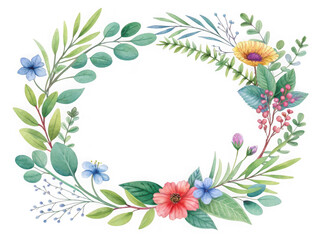 Obraz premium Delicate watercolor eucalyptus and wildflower oval floral frame design element isolated on white background