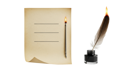Isolated feather pen and ink pot with parchment paper for vintage writing, message concept