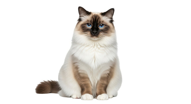 Isolated Birman cat sitting looking at camera cute and fluffy brown markings beautiful eyes