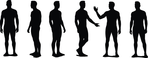 Silhouette set of standing male figures, side and front views, black vector illustration, posture reference, gesture poses, isolated on white background