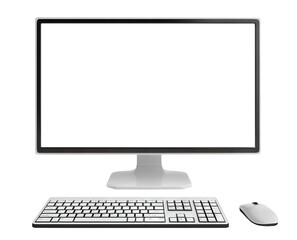 Fototapeta premium Modern desktop computer with black screen, keyboard and mouse, isolated on transparent cutout background