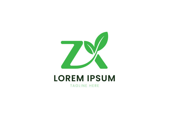 Minimalist green zx logo with leaf element for organic branding and eco-friendly companies