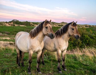 Obraz premium Two horses in a grassy field at sunset