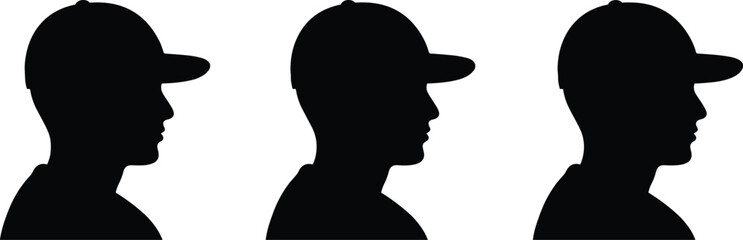 Silhouette of three identical male profiles in baseball caps, side view alignment, black and white vector for identity, uniformity stock illustration