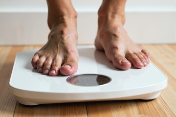 Close-Up Shot Capturing Determination: A Person Stepping on a Scale to Track Weight Loss Progress
