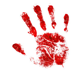 Red bloody handprint, isolated on transparent cutout background