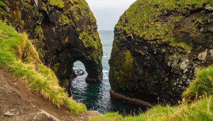 Majestic sea arch carved into mossy green cliffs on a rugged, dramatic coastline overlooking the ocean