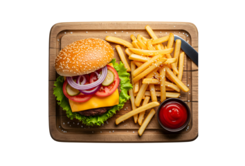 Quick meal combo. Tasty burger served with fries on a wooden board