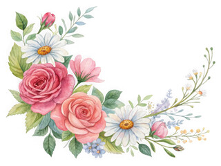 Delicate watercolor floral garland featuring pink roses and white daisies for romantic designs isolated on white background