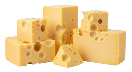 Isolated Swiss cheese blocks with holes in pile, closeup delicious dairy food still life