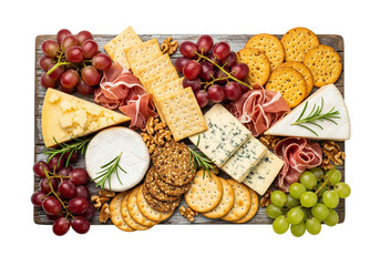 Gourmet Cheese and Charcuterie Board. Top View of Antipasto Platter with Assorted Cheeses, Prosciutto, Grapes, Crackers, and Nuts on Wooden Board, Isolated on White.