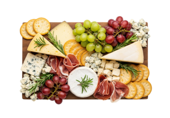 Gourmet Cheese and Charcuterie Board with Fresh Grapes, Cured Meats & Crackers. Overhead View.