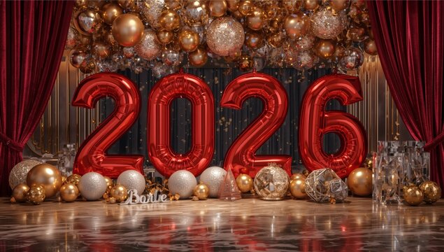 Festive red 2026 balloons adorned with gold decorations and reflections for a luxurious celebration