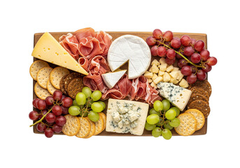 Elegant Gourmet Cheese & Charcuterie Board Isolated. Appetizer platter with assorted cheeses, cured meats, fresh grapes, and crispy crackers on a wooden board.