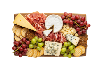 Elegant Gourmet Cheese & Charcuterie Board Isolated. Appetizer platter with assorted cheeses, cured meats, fresh grapes, and crispy crackers on a wooden board.