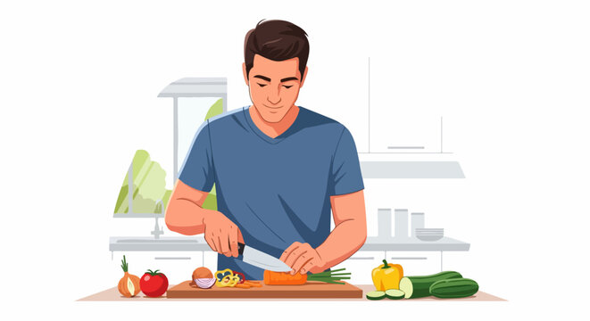 Cooking man preparing healthy lunch with knife slicing carrot. Cooking man in kitchen with different ingredients. Cooking man for food blog, recipe illustration or meal prep guide.