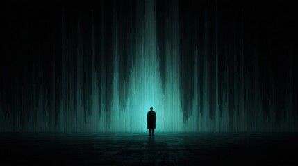 A figure standing alone in a dark room evoking feelings of isolation, reflection, and inner thoughts in a minimalist space