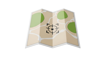 Isolated folded map with target symbol indicating location for travel planning or search
