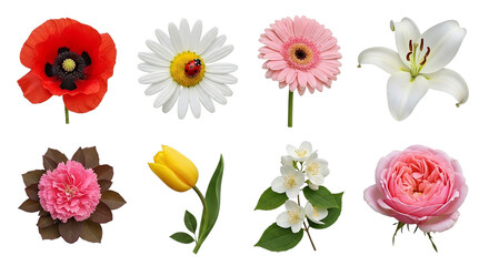A vibrant collage of blooming flowers showcasing nature s beauty from poppy and rose to tulip on transparent background