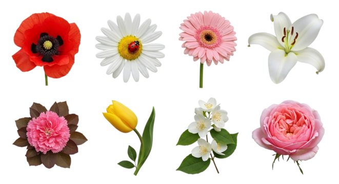 A vibrant collage of blooming flowers showcasing nature s beauty from poppy and rose to tulip on transparent background