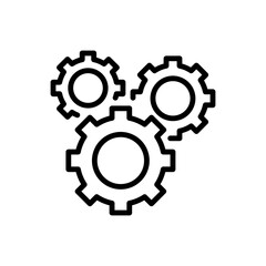 A simple outline style icon featuring a technical gear system. Represents configuration, process, or general settings. Great for use in user interfaces