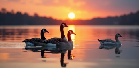 Canada geese huddled together on calm lake water at sunset, outdoors, environment