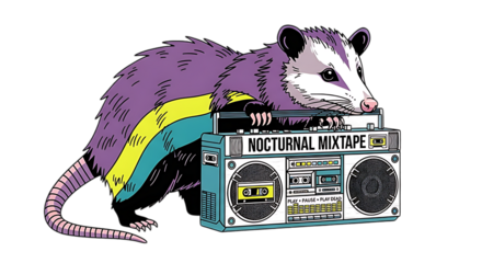 "Nocturnal Mixtape Possum Illustration – Retro Boombox Design with Colorful Fur and Music Vibes"