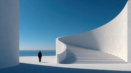Individual walking up a set of stairs representing progress and movement in a minimalist style for campaign messaging