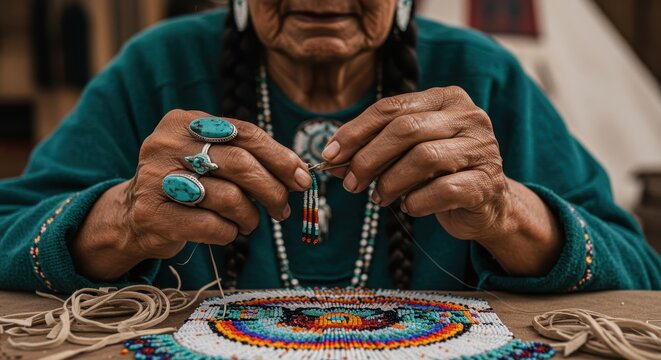 elderly native american woman's hands skillfully creating traditional beadwork. celebration of indigenous art, cultural heritage, and authentic craftsmanship.