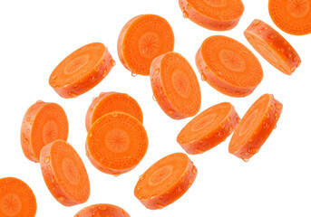 Vibrant Orange Carrot Slices Falling and Scattered on White Background for Healthy Eating and Cooking