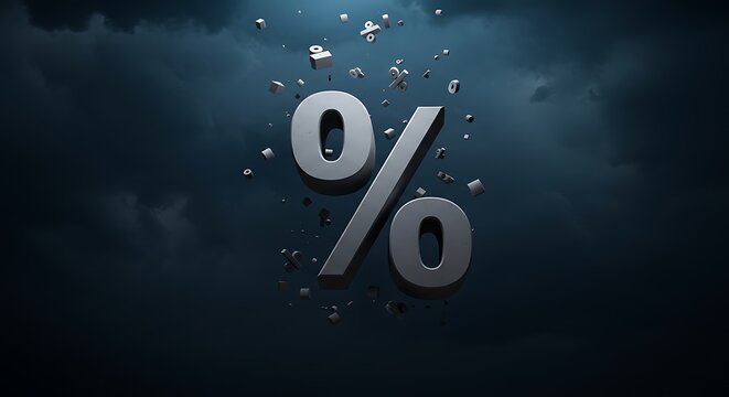 Dark Sky with Floating Percent Sign in 3d Style for Financial or Discount Concepts