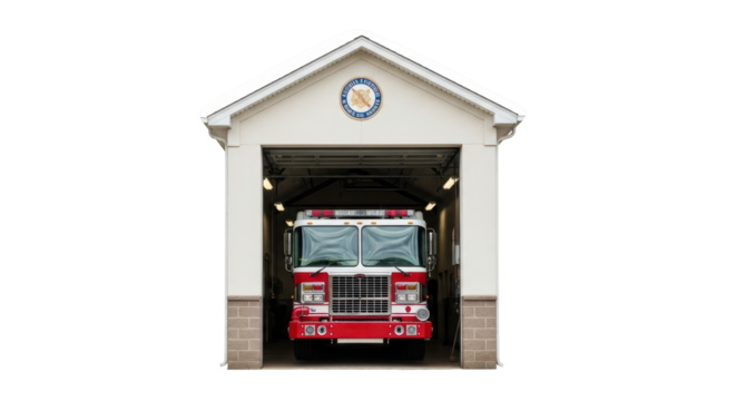 Isolated fire truck in front of a fire station garage, emergency vehicle indoors, service