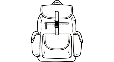Isolated outline illustration of a closed retro-style backpack, classic outdoor travel bag